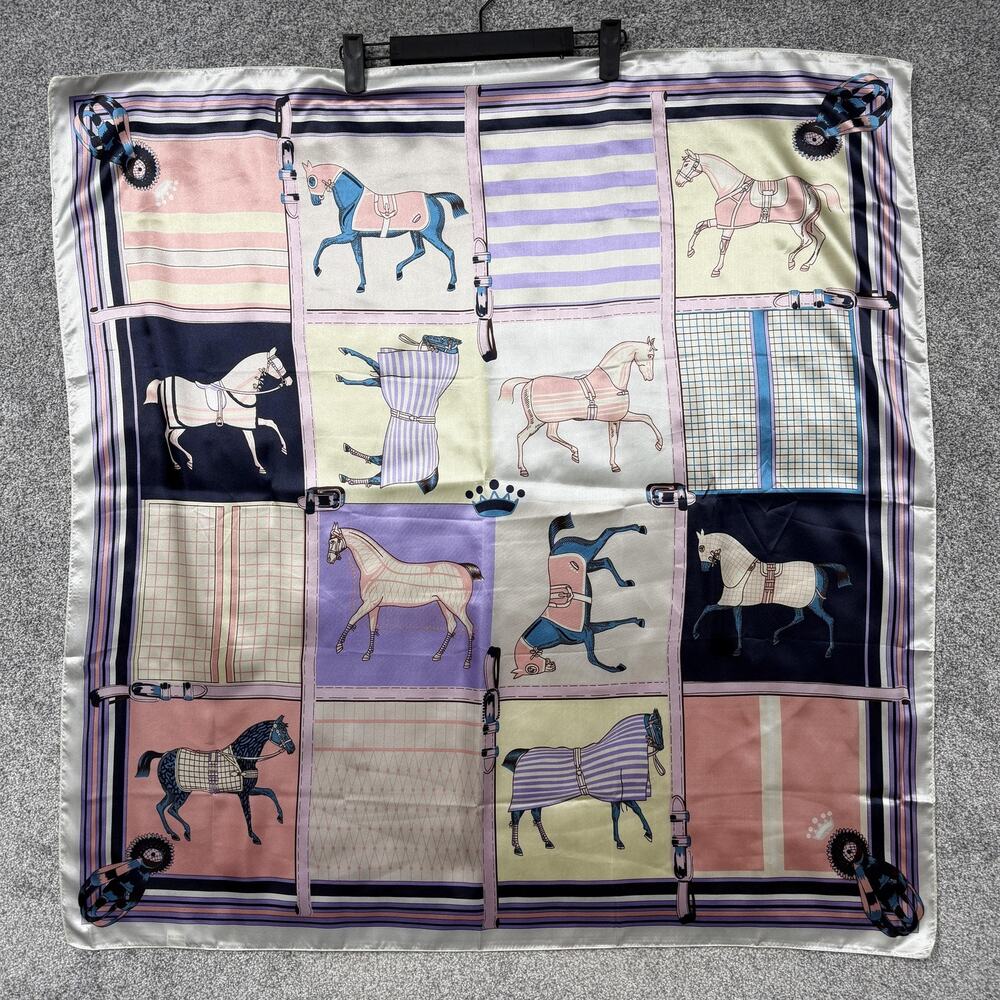 Horse Print Square 35" Scarf Satin Patchwork Cottagecore Equestrian Preppy Chic